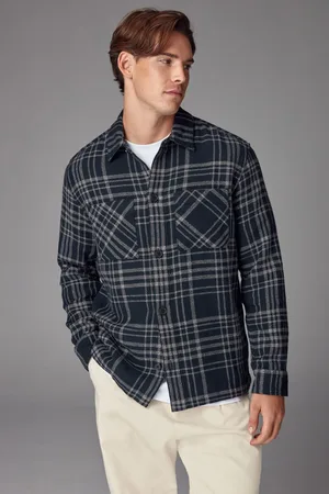 Next Mens Navy /Grey 100% Cotton Check Twill Shacket Overshirt