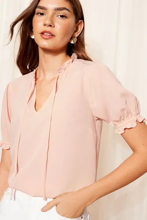 Friends Like These Womens Short Sleeve Woven Tie Neck Blouse