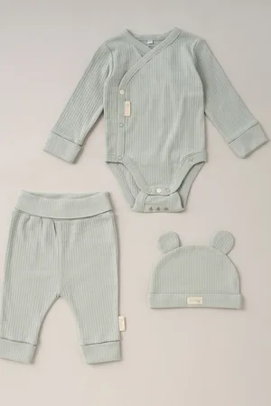 HOMEGROWN Boys 3 Piece Ribbed Bodysuit Joggers And Bear Hat Set