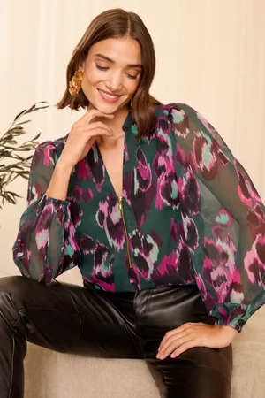 Love & Roses Womens Animal Zip Front Mix Sheer Long Sleeve Blouse