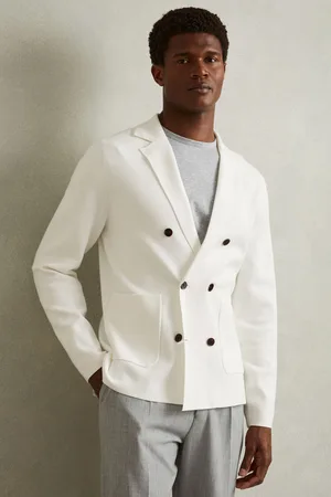 Reiss Mens Ivory Foulard Knitted Double Breasted Blazer