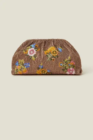 Accessorize Brown Hand Beaded Floral Clutch Bag One