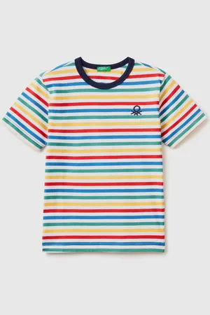 Benetton Boys Boys Striped 100% Cotton Logo T-Shirt