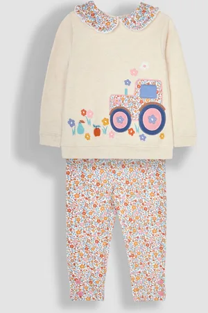 JoJo Maman Bébé Girls Oatmeal Tractor Appliqué Sweatshirt and Leggings Set
