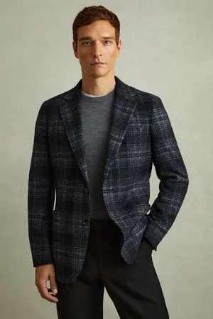 Reiss Mens Navy Granite Single Breasted Checked Blazer with Wool