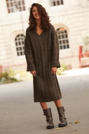 Next Womens Chocolate V-Neck Cable Knitted Midi Jumper Dress