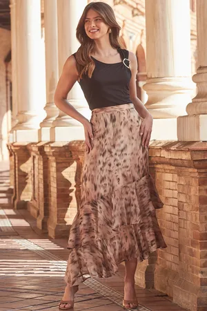 Sosandar Womens Animal Print Ruffle Hem Midi Skirt