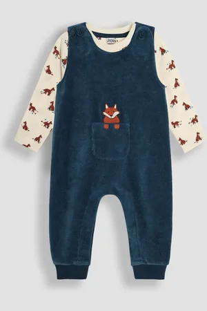 JoJo Maman Bébé Boys Teal Fox Applique Pocket Velour Dungarees & Top Set