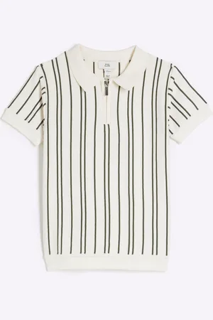 River Island Boys Ecru Vertical Stripe 100% Cotton Polo Shirt 7