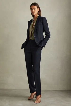 Reiss Womens Navy Hallie Petite Textured Slim Fit Suit Trousers