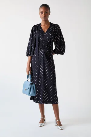 LK Bennett Hester Viscose 40S Spot Tie Neck Gather Front Dress AU 12