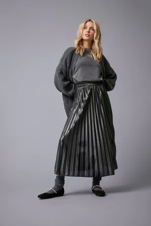 ONLY Womens Metallic Pleated Midi Skirt
