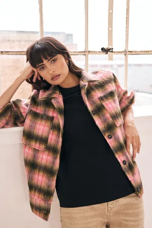 Next Womens Pink/Brown Borg Brushcheck Fleece Shacket