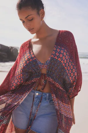 Next Womens Berry /Navy Geo Maxi Tie Waist Kimono Cover-Up