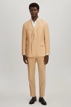 Oscar Jacobson Mens Slim Fit Sand Wool Trousers