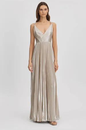 Halston Heritage Metallic Pleated Maxi Dress AU 12