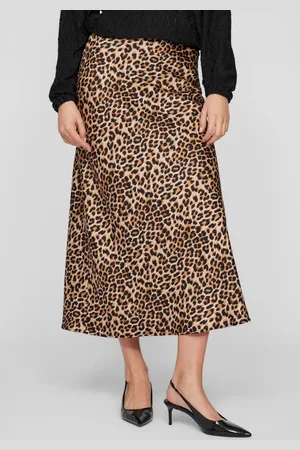 VILA Satin Leopard Print Midi Skirt AU 12