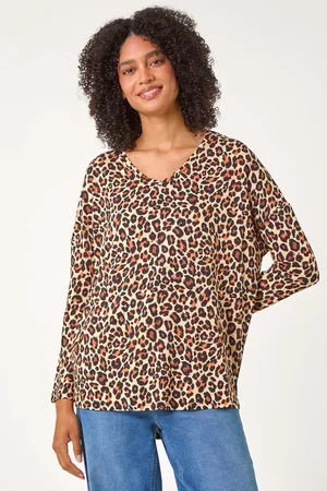 Roman Natural Animal Print V-Neck Tunic Stretch Top AU 20
