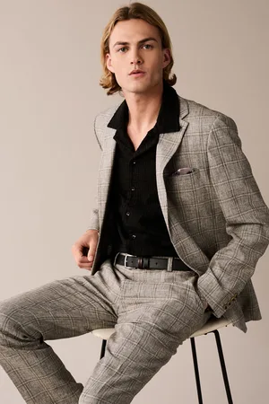 Next Mens Neutral Tailored Fit Linen Blend Check Suit Jacket