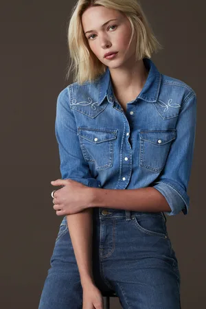 Next Womens Embroidered Seam Detail Fitted Denim Western 100% Cotton Shirt
