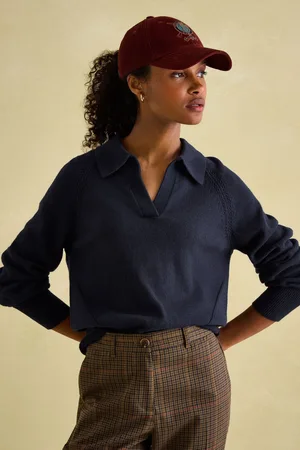 Joules Womens Mia Navy Pointelle Jumper with Open Collar