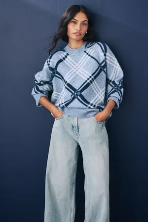Next Womens Chambray Seam Detail Crew Neck Jumper with Wool