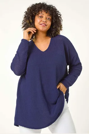Roman Blue Curve Textured Knit V-Neck Tunic AU 18