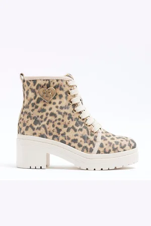 River Island Brown Girls Leopard Canvas Heeled Boots AU 10 (EU 28)