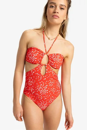 Roxy Red Ditsy Floral Print Halterneck One Piece Swimsuit S