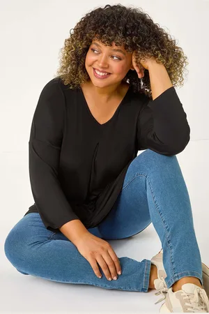 Roman Black Curve V-Neck Pleat Tunic Top 20