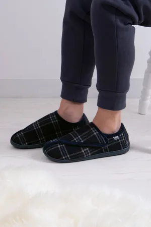 Totes Mens Navy Check Isotoner Mens Velour Closed Back Slipper With Velcro Opening