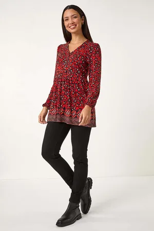 Roman Red Abstract Printed V-Neck Tunic Top AU 12