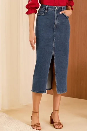 Love & Roses Womens Mid Wash Denim Plait Pocket Midi Skirt