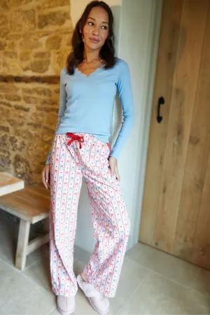 Threadbare Blue 100% Cotton Lace V-Neck Printed Pyjamas Set AU 14