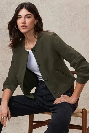 Next Womens Khaki Brushed Collarless Buttoned Jacket