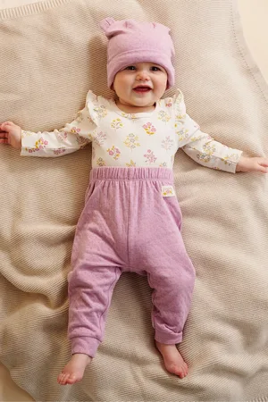 Purebaby Girls 3 Piece Baby 100% Cotton Hat Leggings & Romper Set