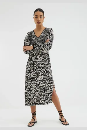 River Island Shirred Bodice Leopard Print Midi Dress AU 12