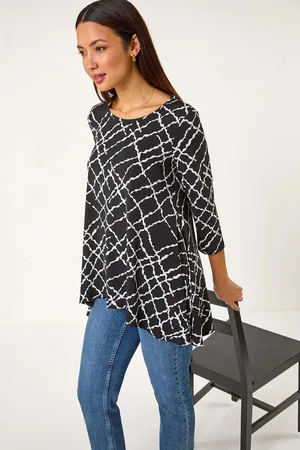 Roman Black Abstract Check Print Asymmetric Tunic AU 12