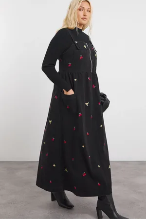 Simply Be 100% Cotton Floral Embroidered Midaxi Apron Denim Dress AU 16