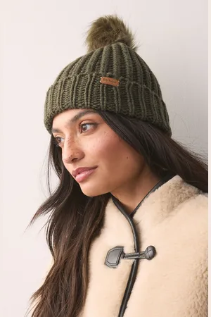 Barbour Olive Green Saltburn Cable Knit Pom Beanie Logo Hat One