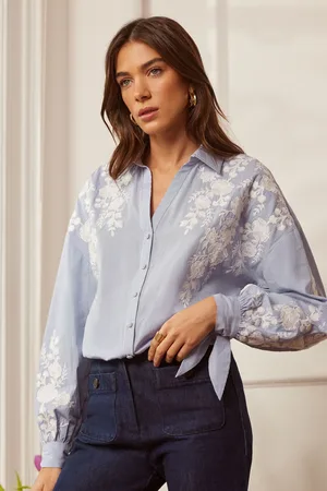 Love & Roses Womens Stripe Embroidery Button Through V Neck Tie Cuff Shirt