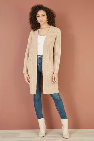 Yumi Womens Cable Knit Edge to Edge Long Cardigan With Pockets