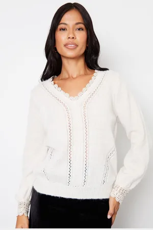 Threadbare Womens Lace Trim V-Neck Knitted Jumper