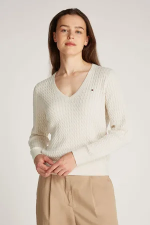 Tommy Hilfiger Womens Cotton Cable 100% Cotton V-Neck Jumper