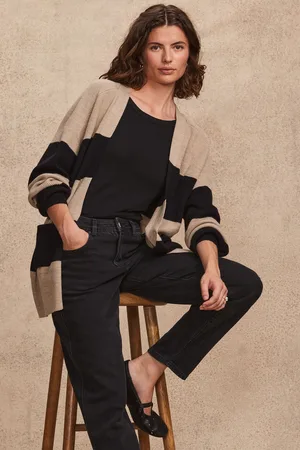 Next Womens Black and Camel Stripe Soft Touch Cosy Knit Longline Cardigan