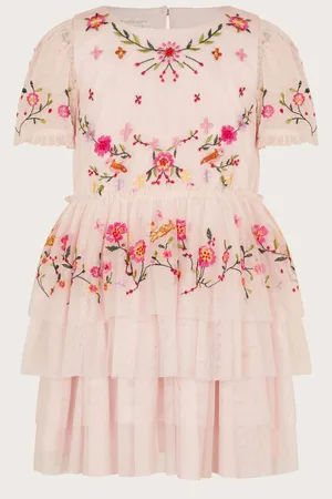 Monsoon Girls Forest Floral Print Embroidered Tulle Dress