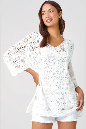 Roman White Crochet V-Neck 3/4 Sleeve 100% Cotton Tunic Top AU 10