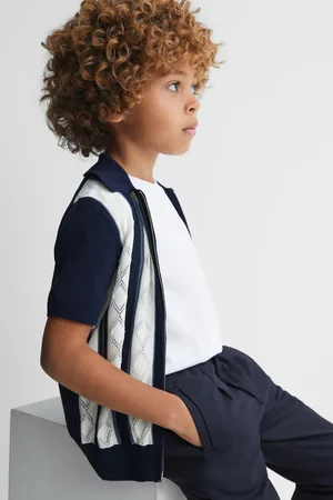Reiss Boys Navy/White Selwood 3-9 yrs Colourblock Zip-Through Shirt