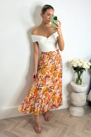 Style Cheat Womens Orange Tropical Floral Demi Belted Pleated Midi Skirt