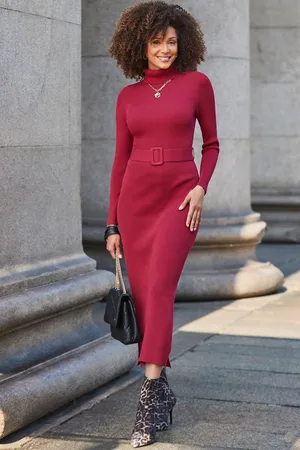 Sosandar Womens Belted Ribbed Knit Midi Dress